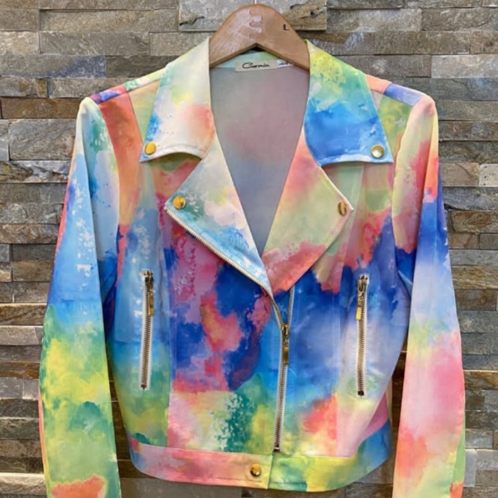Carmin Moto Jacket Tie Dye Print Plus Size